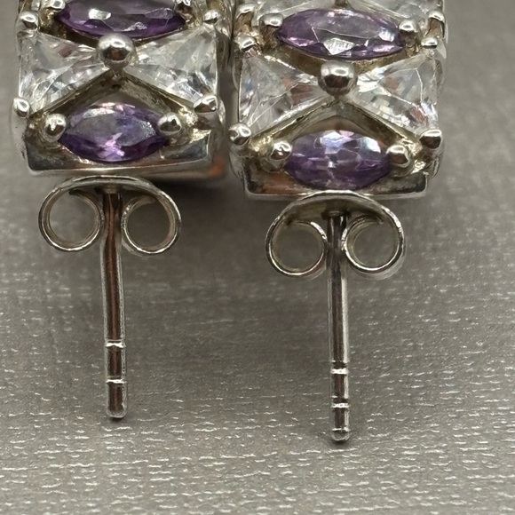 Diamond Silver Amethyst Huggie 
Hoop Earrings - Picture 7 of 9